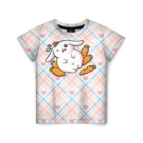 Детская футболка 3D с принтом Зайка обжора в Петрозаводске, 100% гипоаллергенный полиэфир | прямой крой, круглый вырез горловины, длина до линии бедер, чуть спущенное плечо, ткань немного тянется | веган | вегетарианец | животное | зайцы | зайчик | зайчонок | заяц | кролик | кроль | крольчонок | овощи | пушистик