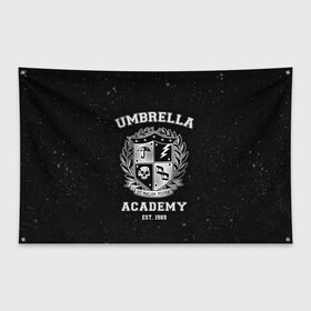 Флаг-баннер с принтом Академия Амбрелла в Петрозаводске, 100% полиэстер | размер 67 х 109 см, плотность ткани — 95 г/м2; по краям флага есть четыре люверса для крепления | Тематика изображения на принте: the umbrella academy | umbrella | академия амбрелла | амбрелла | герб | зонтик