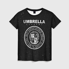 Женская футболка 3D с принтом Академия Амбрелла в Петрозаводске, 100% полиэфир ( синтетическое хлопкоподобное полотно) | прямой крой, круглый вырез горловины, длина до линии бедер | the umbrella academy | umbrella | академия амбрелла | амбрелла | герб | зонтик