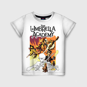 Детская футболка 3D с принтом Академия Амбрелла в Петрозаводске, 100% гипоаллергенный полиэфир | прямой крой, круглый вырез горловины, длина до линии бедер, чуть спущенное плечо, ткань немного тянется | the umbrella academy | umbrella | академия амбрелла | амбрелла | зонтик | комиксы