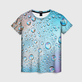 Женская футболка 3D с принтом Капли голубой роса стекло вода в Петрозаводске, 100% полиэфир ( синтетическое хлопкоподобное полотно) | прямой крой, круглый вырез горловины, длина до линии бедер | вода | градиент | для всех | дождь | капли | летний | на каждый день | обычный | окно | поверхность | повседневный | размытость | роса | стекло