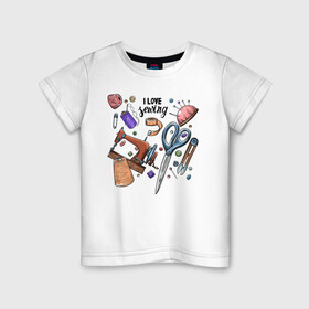 Детская футболка хлопок с принтом I love sewing в Петрозаводске, 100% хлопок | круглый вырез горловины, полуприлегающий силуэт, длина до линии бедер | Тематика изображения на принте: handmade | иголка | рука | хэндмэйд | швея | шить