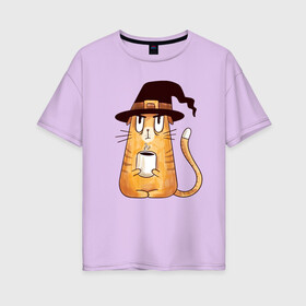 Женская футболка хлопок Oversize с принтом Сердитый котик с кофе в Петрозаводске, 100% хлопок | свободный крой, круглый ворот, спущенный рукав, длина до линии бедер
 | cat | coffee | grumpy | hot | kitten | kitty | pussycat | witch | ароматный | в колпаке | в шляпе | ведьма | горячий | злой | кот | котик | котэ | кофе | кофеек | кошка | кружка | милый | не выспался | недовольный | прикол | сердитый