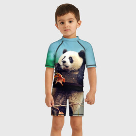 Детский купальный костюм 3D с принтом Панда в Петрозаводске, Полиэстер 85%, Спандекс 15% | застежка на молнии на спине | bear | panda | медведь | мишка | панда | панды