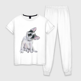 Женская пижама хлопок с принтом бульдог в Петрозаводске, 100% хлопок | брюки и футболка прямого кроя, без карманов, на брюках мягкая резинка на поясе и по низу штанин | Тематика изображения на принте: бульдог | животные | песокафе | рисунок | собаки