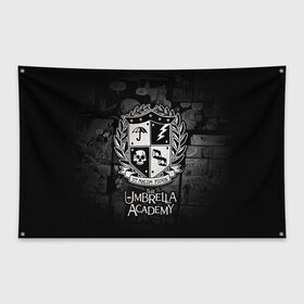 Флаг-баннер с принтом Академия Амбрелла в Петрозаводске, 100% полиэстер | размер 67 х 109 см, плотность ткани — 95 г/м2; по краям флага есть четыре люверса для крепления | Тематика изображения на принте: the umbrella academy | umbrella | академия амбрелла | амбрелла | герб | зонтик | комиксы