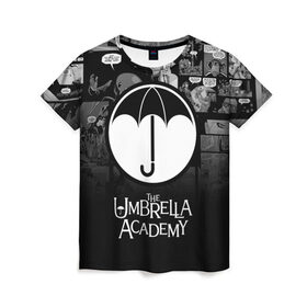 Женская футболка 3D с принтом Академия Амбрелла в Петрозаводске, 100% полиэфир ( синтетическое хлопкоподобное полотно) | прямой крой, круглый вырез горловины, длина до линии бедер | the umbrella academy | umbrella | академия амбрелла | амбрелла | герб | зонтик | комиксы