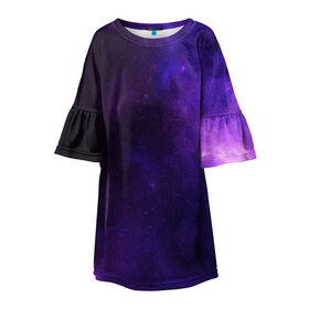 Детское платье 3D с принтом Фиолетовая звезда в Петрозаводске, 100% полиэстер | прямой силуэт, чуть расширенный к низу. Круглая горловина, на рукавах — воланы | Тематика изображения на принте: арт | звезда | звёзды | карлик | космос | облако | синий | сияние | темный | фиолетовый | черный | яркая | яркие цвета