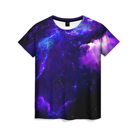 Женская футболка 3D с принтом Космическое небо в Петрозаводске, 100% полиэфир ( синтетическое хлопкоподобное полотно) | прямой крой, круглый вырез горловины, длина до линии бедер | арт | звёзды | иний | космос | облако | розовый | сияние | тёмный | туманность | фиолоетовый | черный | яркие цвета