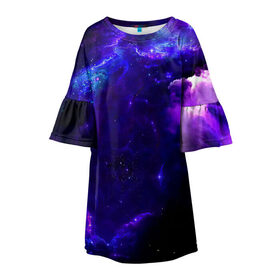 Детское платье 3D с принтом Космическое небо в Петрозаводске, 100% полиэстер | прямой силуэт, чуть расширенный к низу. Круглая горловина, на рукавах — воланы | арт | звёзды | иний | космос | облако | розовый | сияние | тёмный | туманность | фиолоетовый | черный | яркие цвета