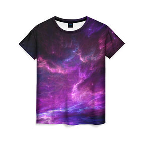 Женская футболка 3D с принтом Космическое небо в Петрозаводске, 100% полиэфир ( синтетическое хлопкоподобное полотно) | прямой крой, круглый вырез горловины, длина до линии бедер | арт | звёзды | космос | облако | розовый | синий | сияние | туманность | фиолетовый | яркие цвета