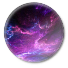 Значок с принтом Космическое небо в Петрозаводске,  металл | круглая форма, металлическая застежка в виде булавки | арт | звёзды | космос | облако | розовый | синий | сияние | туманность | фиолетовый | яркие цвета
