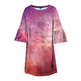 Детское платье 3D с принтом Космическое небо в Петрозаводске, 100% полиэстер | прямой силуэт, чуть расширенный к низу. Круглая горловина, на рукавах — воланы | Тематика изображения на принте: арт | желтый | звёзды | космос | облако | оранжевый | розовый | сияние | туманность | фиолетовый | яркие цвета