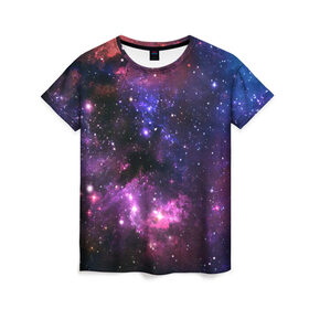 Женская футболка 3D с принтом Космическое небо в Петрозаводске, 100% полиэфир ( синтетическое хлопкоподобное полотно) | прямой крой, круглый вырез горловины, длина до линии бедер | арт | звёзды | космос | красный | облако | розовый | синий | сияние | темный | туманность | фиолетовый | яркие цвета