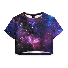 Женская футболка Crop-top 3D с принтом Космическое небо в Петрозаводске, 100% полиэстер | круглая горловина, длина футболки до линии талии, рукава с отворотами | арт | звёзды | космос | красный | облако | розовый | синий | сияние | темный | туманность | фиолетовый | яркие цвета