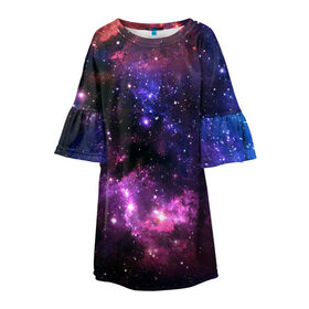 Детское платье 3D с принтом Космическое небо в Петрозаводске, 100% полиэстер | прямой силуэт, чуть расширенный к низу. Круглая горловина, на рукавах — воланы | Тематика изображения на принте: арт | звёзды | космос | красный | облако | розовый | синий | сияние | темный | туманность | фиолетовый | яркие цвета