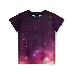 Детская футболка 3D с принтом Космическая вспышка в Петрозаводске, 100% гипоаллергенный полиэфир | прямой крой, круглый вырез горловины, длина до линии бедер, чуть спущенное плечо, ткань немного тянется | арт | желтый | звёзды | космос | красный | облако | розовый | сияние | фиолетовый | яркие цвета