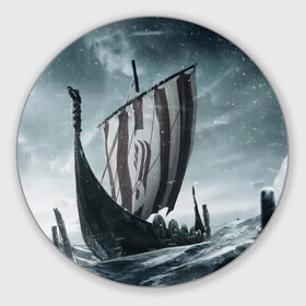 Коврик для мышки круглый с принтом Викинги в Петрозаводске, резина и полиэстер | круглая форма, изображение наносится на всю лицевую часть | vikings | викинги | драккар | корабль | море