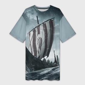 Платье-футболка 3D с принтом Викинги в Петрозаводске,  |  | vikings | викинги | драккар | корабль | море