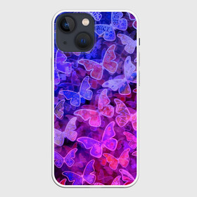 Чехол для iPhone 13 mini с принтом Стеклянный рой в Петрозаводске,  |  | Тематика изображения на принте: бабочка | бабочки | зелёный | красный чёрный | розовый | синий | фиолетовый | черный
