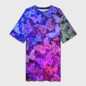 Платье-футболка 3D с принтом Стеклянный рой в Петрозаводске,  |  | бабочка | бабочки | зелёный | красный чёрный | розовый | синий | фиолетовый | черный