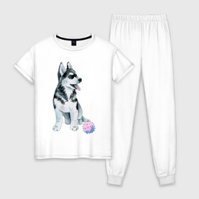 Женская пижама хлопок с принтом Хаски в Петрозаводске, 100% хлопок | брюки и футболка прямого кроя, без карманов, на брюках мягкая резинка на поясе и по низу штанин | животные | песокафе | рисунок | собаки | хаски