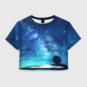 Женская футболка Crop-top 3D с принтом Синяя Небо в Петрозаводске, 100% полиэстер | круглая горловина, длина футболки до линии талии, рукава с отворотами | blue | sky | звездное небо | звезды | космическое | красота | небо | ночь | синий