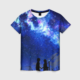 Женская футболка 3D с принтом Ночное  Небо в Петрозаводске, 100% полиэфир ( синтетическое хлопкоподобное полотно) | прямой крой, круглый вырез горловины, длина до линии бедер | blue | sky | башни | звездное небо | звезды | космическое | красота | небо | ночь | синий