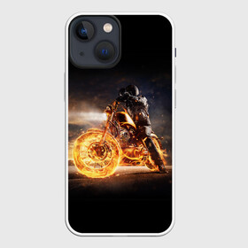 Чехол для iPhone 13 mini с принтом Flame в Петрозаводске,  |  | fire | flame | helmet | motorcycle | night | racer | гонщик | мотоцикл | ночь | огонь | пламя | шлем