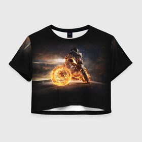 Женская футболка Crop-top 3D с принтом Flame в Петрозаводске, 100% полиэстер | круглая горловина, длина футболки до линии талии, рукава с отворотами | fire | flame | helmet | motorcycle | night | racer | гонщик | мотоцикл | ночь | огонь | пламя | шлем