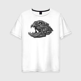 Женская футболка хлопок Oversize с принтом Архаичная рыба в Петрозаводске, 100% хлопок | свободный крой, круглый ворот, спущенный рукав, длина до линии бедер
 | голова | гравюра | зубы | кости | рыба | скелет | череп