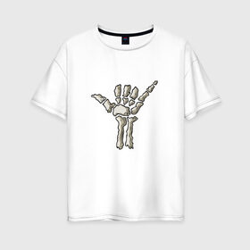 Женская футболка хлопок Oversize с принтом Шака жест в Петрозаводске, 100% хлопок | свободный крой, круглый ворот, спущенный рукав, длина до линии бедер
 | Тематика изображения на принте: жест | йоу | кости | пальцы | привет | скелет | шака
