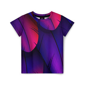 Детская футболка 3D с принтом Tropics в Петрозаводске, 100% гипоаллергенный полиэфир | прямой крой, круглый вырез горловины, длина до линии бедер, чуть спущенное плечо, ткань немного тянется | Тематика изображения на принте: purple | абстрактный | абстракция | геометрический рисунок | геометрия | индиго | корея | кружево | листья | лого | неон | неоновая | неоновое | неоновые листья | неоновый | пальмы | рисунок | текстура