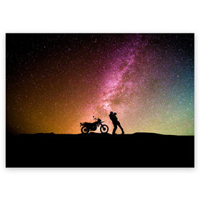Поздравительная открытка с принтом Звёздный пейзаж в Петрозаводске, 100% бумага | плотность бумаги 280 г/м2, матовая, на обратной стороне линовка и место для марки
 | astronomy | байк | вселенная | звезда | звёзды | космос | любовь | люди | мопед | мото | мотоцикл | пейзаж | свидание | человек