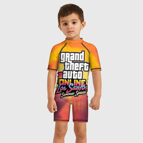 Детский купальный костюм 3D с принтом GTA Online: Los Santos в Петрозаводске, Полиэстер 85%, Спандекс 15% | застежка на молнии на спине | auto | game | grand | gta | gta5 | los santos | rockstar | theft | гта | гта5 | игра | лос сантос | майкл | онлайн | рокстар | тревор | франклин