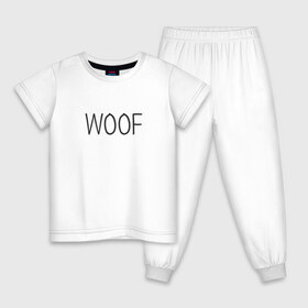 Детская пижама хлопок с принтом Woof в Петрозаводске, 100% хлопок |  брюки и футболка прямого кроя, без карманов, на брюках мягкая резинка на поясе и по низу штанин
 | Тематика изображения на принте: woof | животные | звери | надпись | пёс | песокафе | питомцы | собака | собаки | собачка | щенок