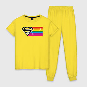 Женская пижама хлопок с принтом Superman Rainbow Logo в Петрозаводске, 100% хлопок | брюки и футболка прямого кроя, без карманов, на брюках мягкая резинка на поясе и по низу штанин | dc pride | justice league | pride | superman | vdosadir | лига справедливости | прайд | радуга | супермен