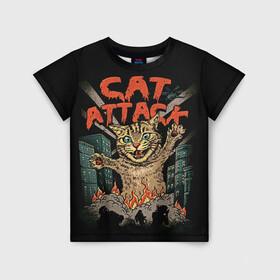 Детская футболка 3D с принтом Нападение гигантского котика в Петрозаводске, 100% гипоаллергенный полиэфир | прямой крой, круглый вырез горловины, длина до линии бедер, чуть спущенное плечо, ткань немного тянется | Тематика изображения на принте: attack | attacks | big | cat | cats | catzilla | city | cute | flame | flames | kaiju | kitten | kitty | атака | атакует | большой | город | кайдзю | катастрофа | кот | котенок | котзилла | котик | котострофа | милый | нападает | огонь | огро