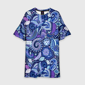 Детское платье 3D с принтом ВОСТОЧНЫЙ УЗОР в Петрозаводске, 100% полиэстер | прямой силуэт, чуть расширенный к низу. Круглая горловина, на рукавах — воланы | восток | гжель | красивый | природа | синий | сказка | узор | фиолетовый | цветы