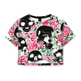Женская футболка Crop-top 3D с принтом Череп, розы, цветы, зубы в Петрозаводске, 100% полиэстер | круглая горловина, длина футболки до линии талии, рукава с отворотами | зубы | розы | цветы | череп