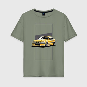 Женская футболка хлопок Oversize с принтом BMW E36 в Петрозаводске, 100% хлопок | свободный крой, круглый ворот, спущенный рукав, длина до линии бедер
 | Тематика изображения на принте: bmw | e36 | арт машина | бмв | быстрая машина | красивая машина | машина