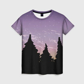 Женская футболка 3D с принтом Лес под ночным небом в Петрозаводске, 100% полиэфир ( синтетическое хлопкоподобное полотно) | прямой крой, круглый вырез горловины, длина до линии бедер | вечер | градиент | закат | звездное небо | звезды | лес | небо | очертание | очертание леса | сумерки | тайга | фиолетовый | черный