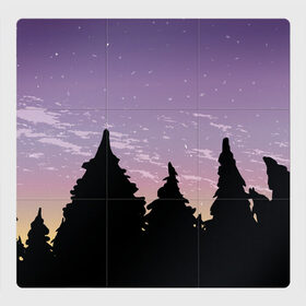 Магнитный плакат 3Х3 с принтом Лес под ночным небом в Петрозаводске, Полимерный материал с магнитным слоем | 9 деталей размером 9*9 см | Тематика изображения на принте: вечер | градиент | закат | звездное небо | звезды | лес | небо | очертание | очертание леса | сумерки | тайга | фиолетовый | черный