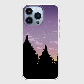 Чехол для iPhone 13 Pro с принтом Лес под ночным небом в Петрозаводске,  |  | Тематика изображения на принте: вечер | градиент | закат | звездное небо | звезды | лес | небо | очертание | очертание леса | сумерки | тайга | фиолетовый | черный