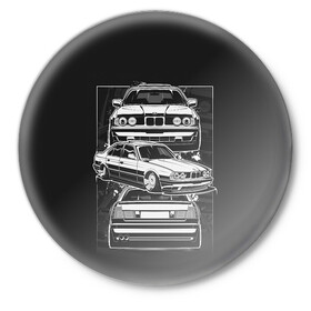 Значок с принтом BMW в Петрозаводске,  металл | круглая форма, металлическая застежка в виде булавки | Тематика изображения на принте: auto | bmw | car | e | e34 | germany | m | m5 | series | x | авто | автомобиль | бмв | бнв | германия | машина