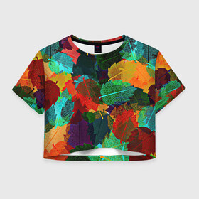 Женская футболка Crop-top 3D с принтом Abstract Autumn Leaves в Петрозаводске, 100% полиэстер | круглая горловина, длина футболки до линии талии, рукава с отворотами | абстракция | дерево | деревья | дождь | клен | лес | листики | листочки | листья | листья дуба | листья клен | листья неон | листья тропические | оранжевая | оранжевый | осень | текстура | узор | уют