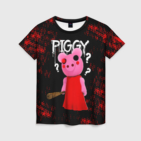 Женская футболка 3D с принтом ROBLOX PIGGY - СВИНКА ПИГГИ в Петрозаводске, 100% полиэфир ( синтетическое хлопкоподобное полотно) | прямой крой, круглый вырез горловины, длина до линии бедер | pig | piggy | roblox | игра | компьютерная игра | логотип | онлайн | онлайн игра | пигги | поросенок | роблакс | роблокс | свинка | свинья