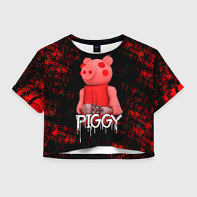 Женская футболка Crop-top 3D с принтом ROBLOX PIGGY - СВИНКА ПИГГИ в Петрозаводске, 100% полиэстер | круглая горловина, длина футболки до линии талии, рукава с отворотами | pig | piggy | roblox | игра | компьютерная игра | логотип | онлайн | онлайн игра | пигги | поросенок | роблакс | роблокс | свинка | свинья
