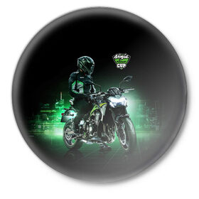 Значок с принтом Kawasaki Ninja Cup в Петрозаводске,  металл | круглая форма, металлическая застежка в виде булавки | cup | helmet | japan | kawasaki | motorcycle | night | ninja | racer | гонщик | кубок | мотоцикл | ночь | шлем | япония