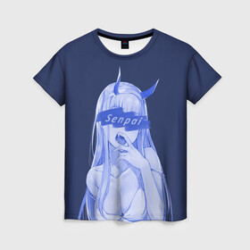 Женская футболка 3D с принтом Zero Two Senpai в Петрозаводске, 100% полиэфир ( синтетическое хлопкоподобное полотно) | прямой крой, круглый вырез горловины, длина до линии бедер | 02 | senpai. аниме | zero two | зеро ту | любимый во франксе | франкс